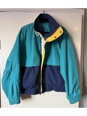 Vintage 90s Color Block Windbreaker Jacket Teal Navy Yellow Sz L Retro Dad Core